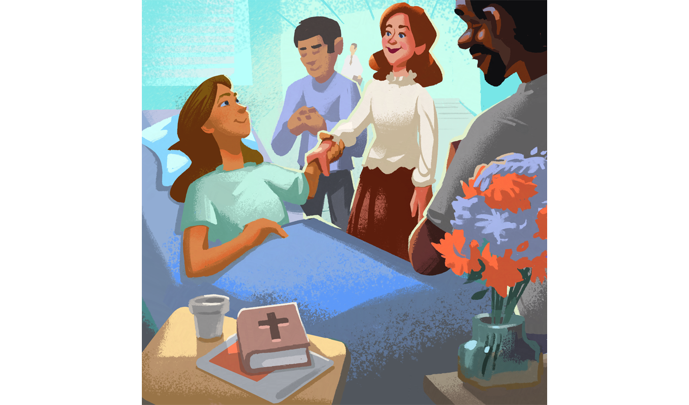 Illustration of patient being visited by friends and family